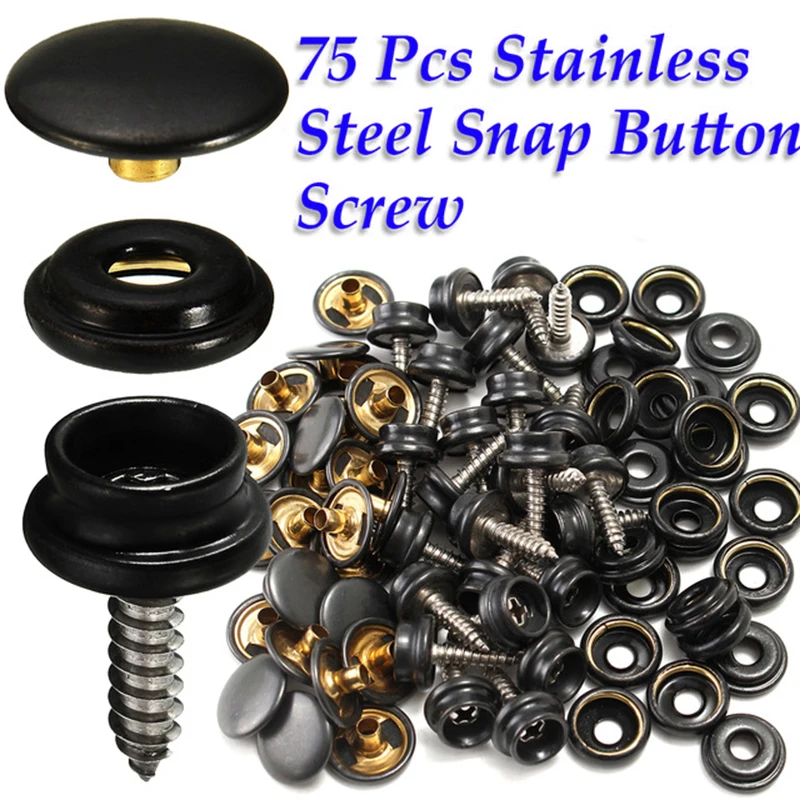 

75pcs 15mm Black Screw Boat Marine Repair Canvas Fabric Snap Fastener Cover Button Socket Screw Stud Self-Tapping Accessories
