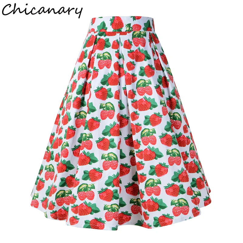 

Chicanary 2018 New Fashion Retro Strawberry Skirt Women High Waist Floral Print Skirts 50s Vintage Knee Length Skirt