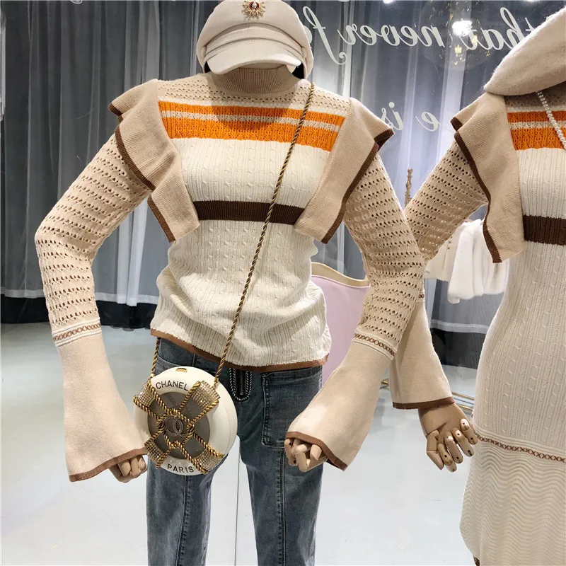 2018 женский джемпер с оборками в полоску Тонкий женский свитер с расклешенными рукавами женский милый модный вязаный свитер на Рождество