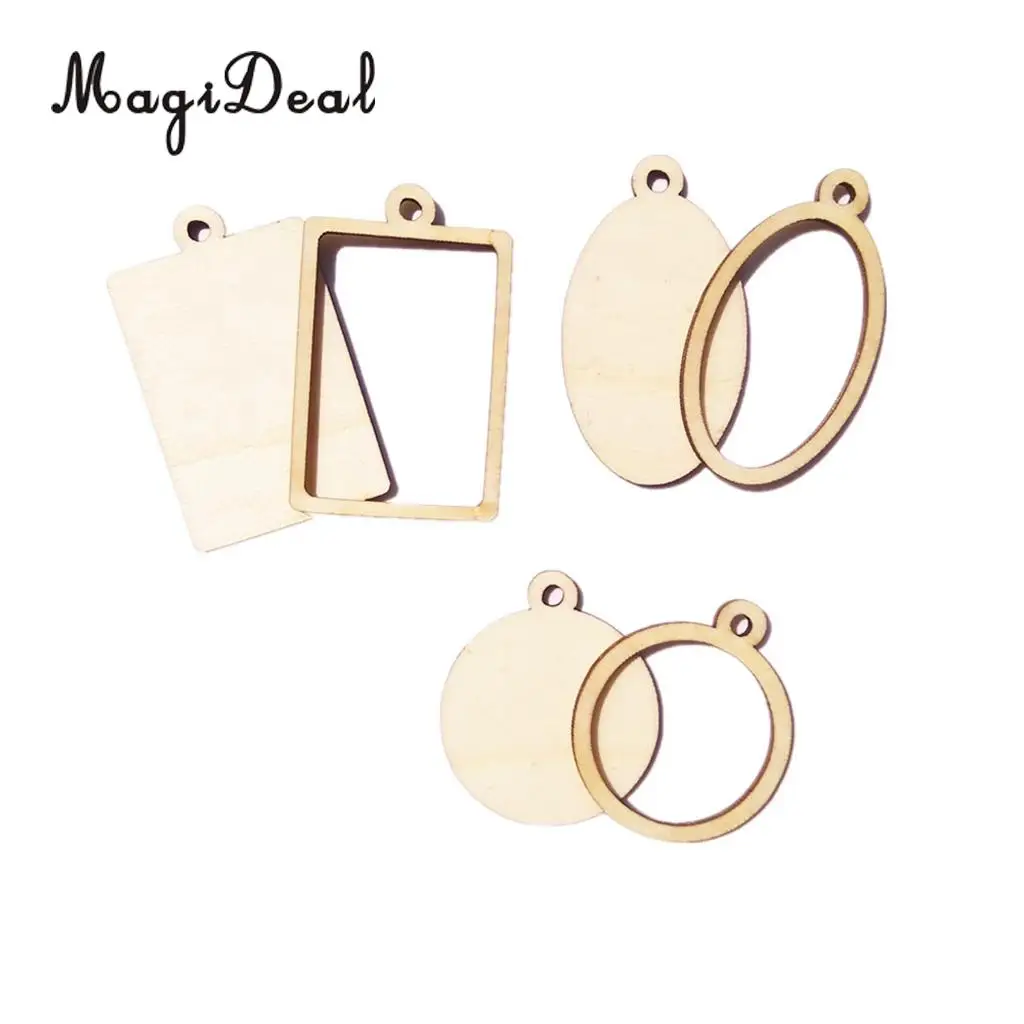 MagiDeal 60 Pieces Assorted Wooden Frame Pendant Oval Rectangle Round Shapes Wood Charms Cutting Scarfs DIY Projects