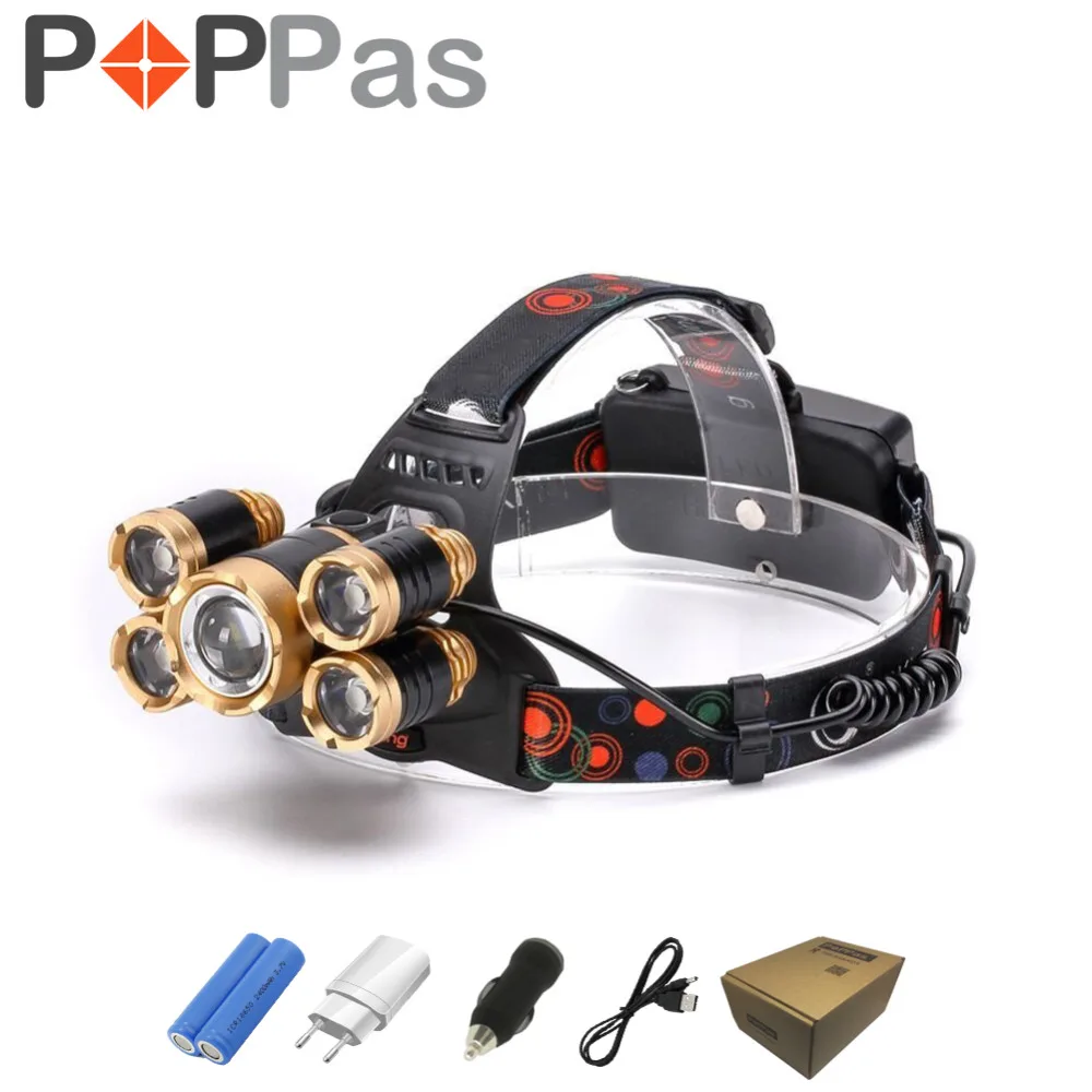 

POPPAS LED Headlight 4 Modes XML-T6 Led Bulbs Rechargeable Headlight Dimmer Zoomable Waterproof Head Torch Flashlight