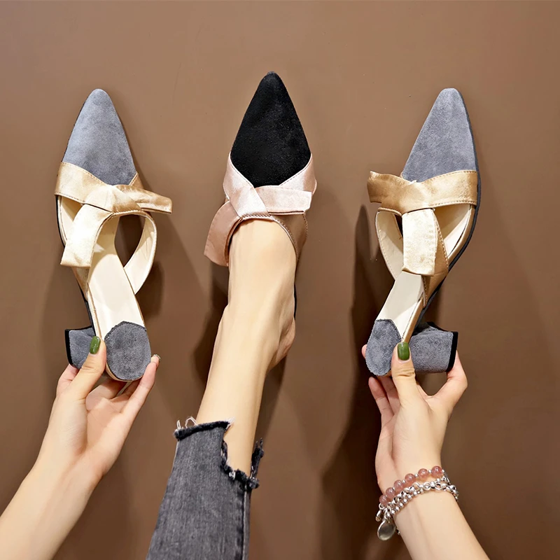 

Elegant 2019 Summer Lady Slippers High Heels fashion Silk Butterfly Knot Slip On Pointed Toe Mules Shoes chanclas mujer