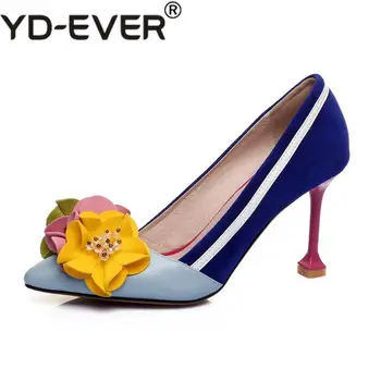 

YD-EVER genuine leather original design thin high heels shallow women flowers luxury pumps pointed toe brand shoes