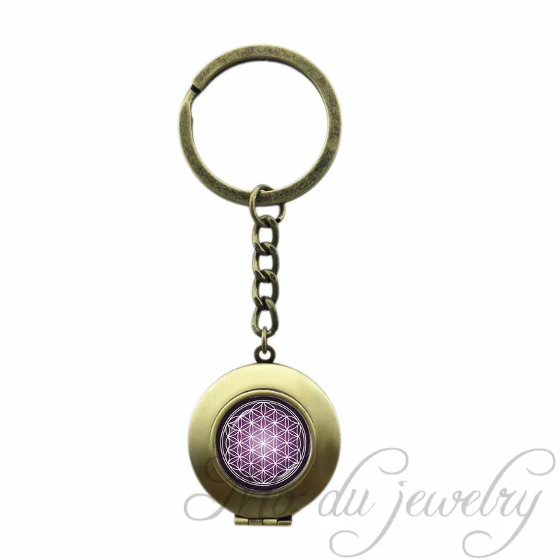 Purple Violet Spiritual Key Chain Ring FLOWER OF LIFE Locket Pendant