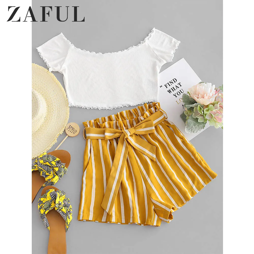 ZAFUL النساء مجموعات التباين قبالة الكتف أعلى و المشارب مجموعة تي شيرتات قصيرة للأطفال قصيرة الأكمام جيوب مرونة عالية الخصر الحلو 2 قطعة مجموعا...