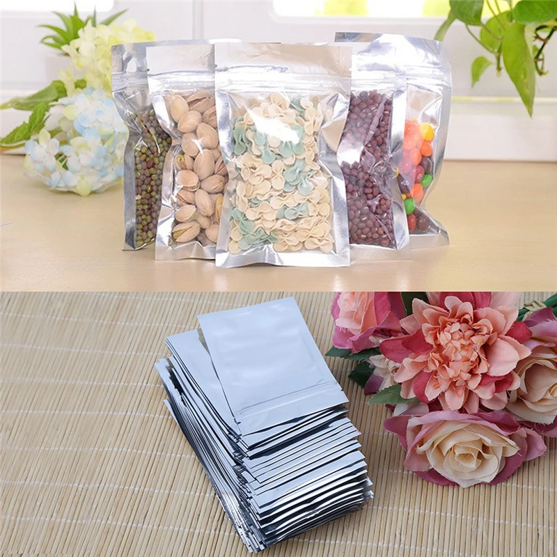 

50 pieces of 7x13 cm silver foil polyester film can be re-sealed using jewelry snacks to store chain ziplock bags
