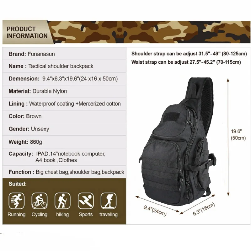 Title: 14 Iches Laptop Molle Military Backpack Men Nylon Sports Bag Shoulder Sling Waterproof Men's Travel Tactical Backpack