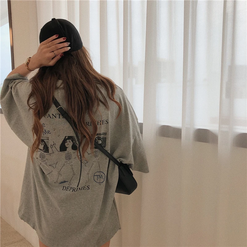 

3 colors spring korean style cartoon print cotton o neck loose short sleeve t-shirts womens tee shirt femme cropped tops (y3240)