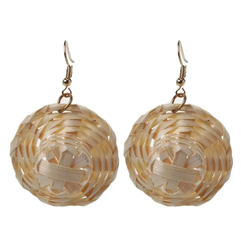 

Handmade Wood Straw Weave Rattan Vine Braid Geometric Circle Square Earrings