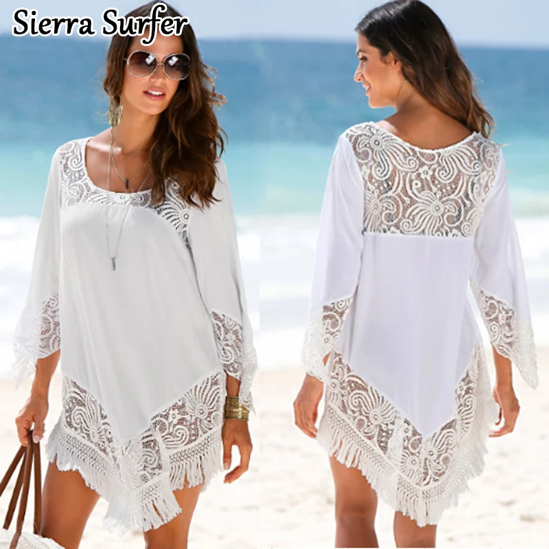 

Summer Beach Dress Cover Up Outings Tunics Womens Bather Bath Mat Sundress Skirt Female Drying Polyester Lace Skirt Bikinis 2019