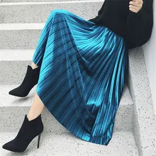 Трапециевидная винтажная бархатная плиссированная юбка Женская Осенняя зимняя элегантная синяя Длинная Юбка Saia Корейская эластичная юбка с высокой талией для женщин