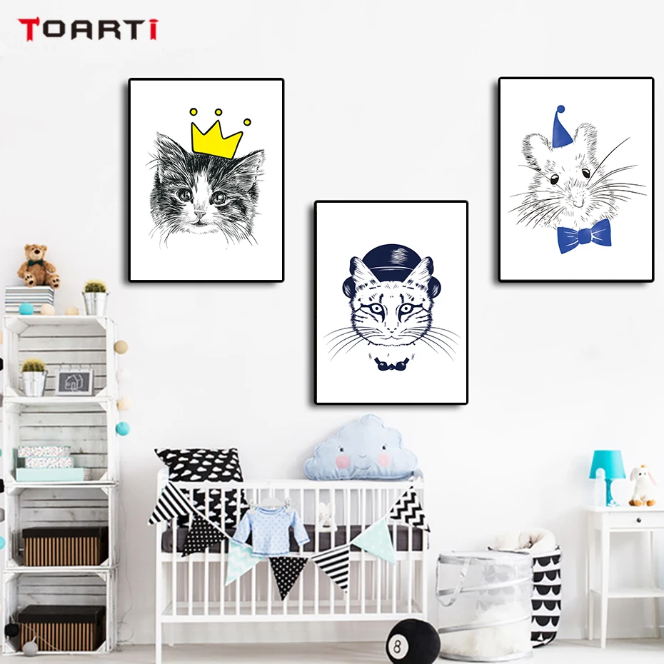 Black&White Pets Wear Colorful Clothes Wall Art Line Drawing Lovely Cartoon Poster Living Room Home Decor Nursery Picture Prints (3)