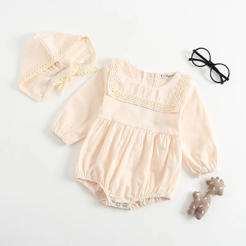 

2019 Newest Spring Baby Girls Rompers Gown Cotton Baby Jumpsuit Soft Solid Color Newborn Baby Clothes with Hat 2pcs
