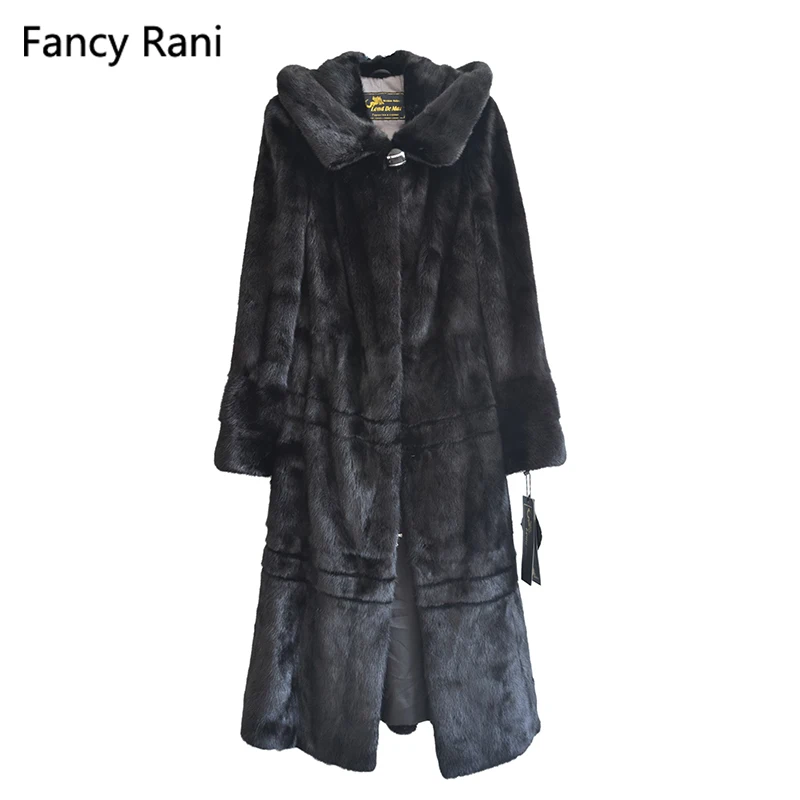 

Russian Style 125cm Real Mink Fur Coat Hooded X-Long Rex Fur Coat Genuine Natural Mink Fur Coat Women Black Coats With Fur Hood
