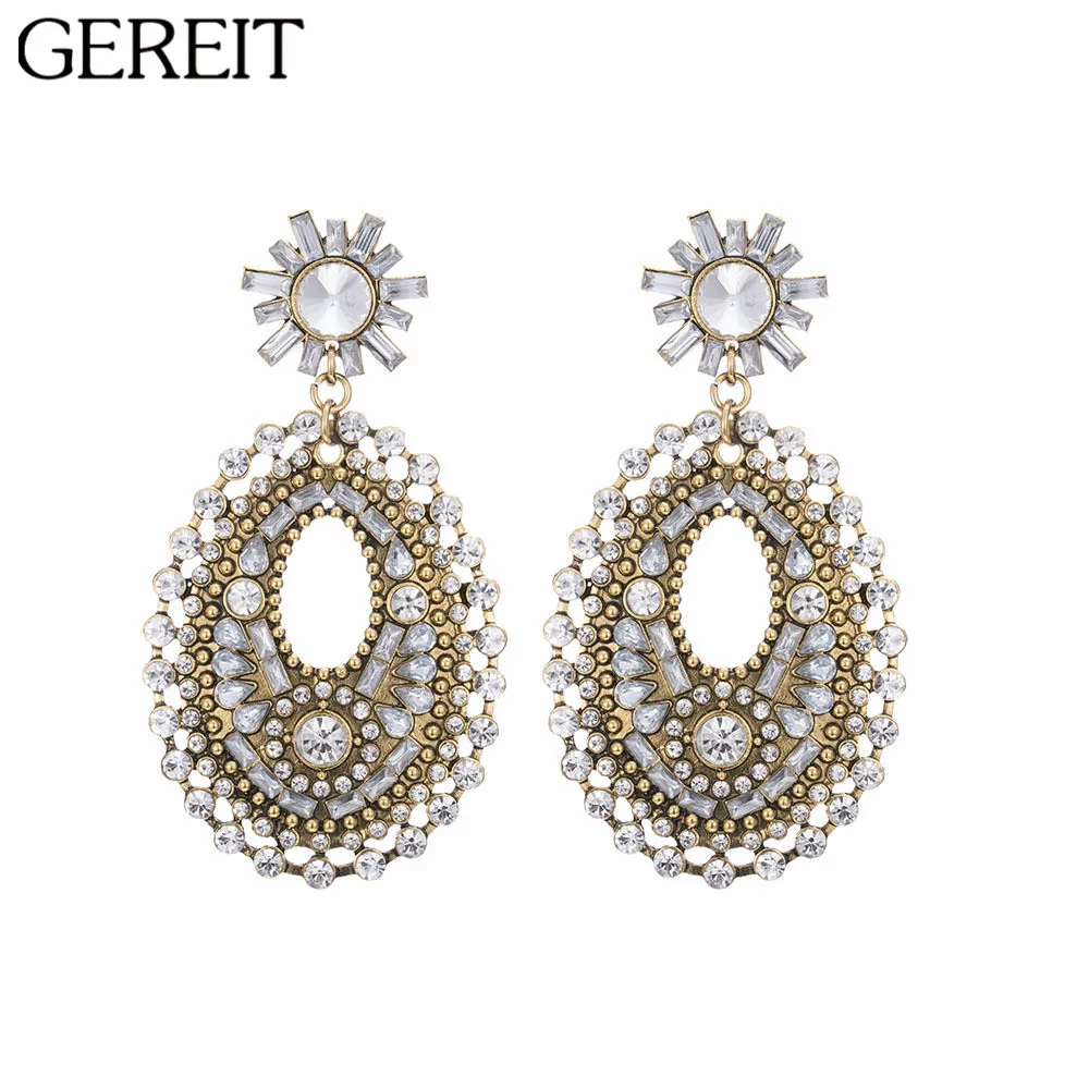 GEREIT Luxury Gold Silver Earring Geometric Oval CZ Crystal Statement