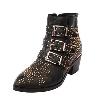 THEMOST Winter Genuine Leather Buckle Ankle Boots For Women Pointed Toe Kitten Heels Motorcycle boots Shoes Women zapatos mujer