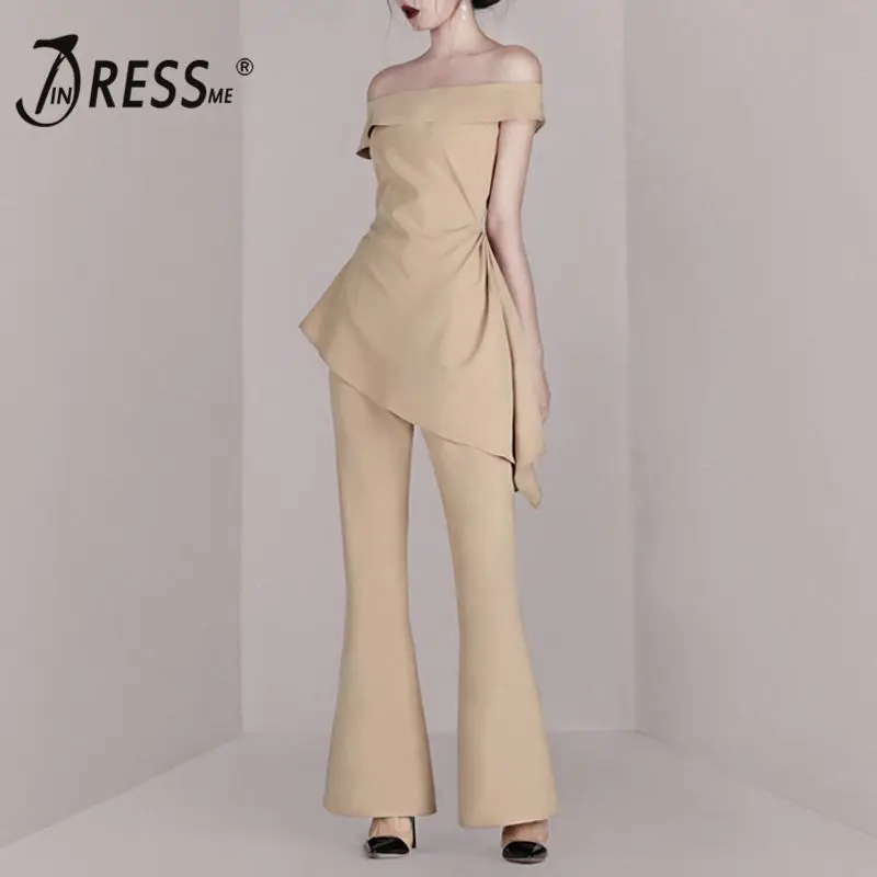 

INDRESSME 2019 New Sexy Off the Shoulder Ruched With Flare Pants Two-piece Set