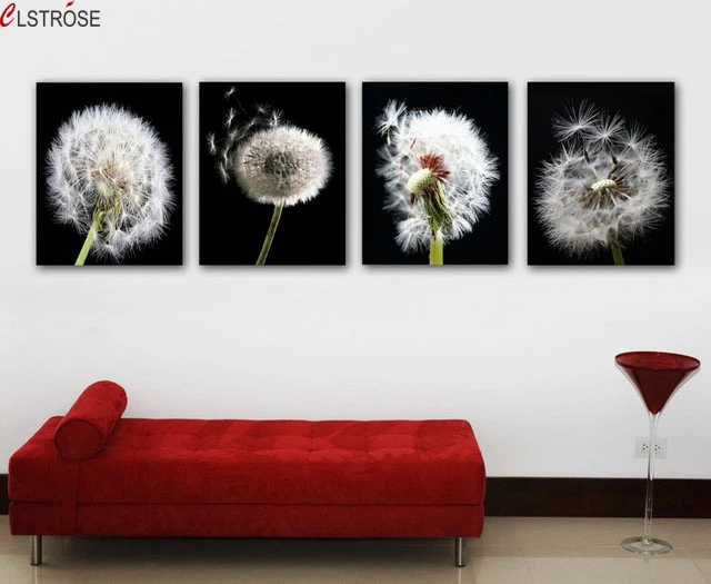 Clstrose 4ピースキャンバス壁アート現代タンポポの花絵画黒と白背景絵画キャンバスに家の装飾 Paintings On Canvas Flower Paintingpainting Black Aliexpress