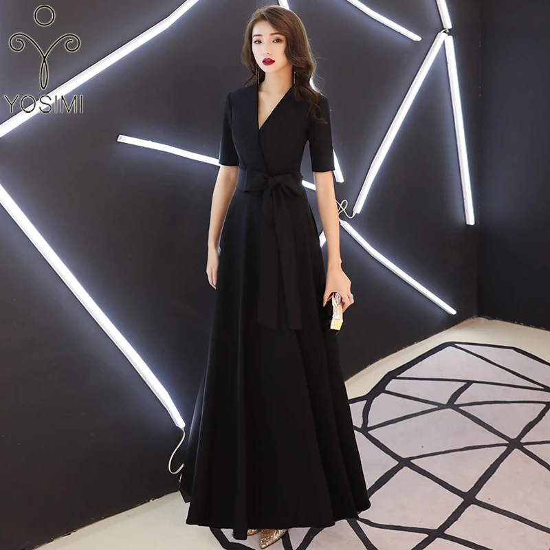 YOSIMI 2019 Summer Evening Party Dress Black V-neck Short Sleeve Elegant Maxi Long Noble Slim A-line Dresses Woman Party Night YOSIMI 2019 Summer Evening Party Dress Black V-neck Short Sleeve Elegant Maxi Long Noble Slim A-line Dresses Woman Party Night
