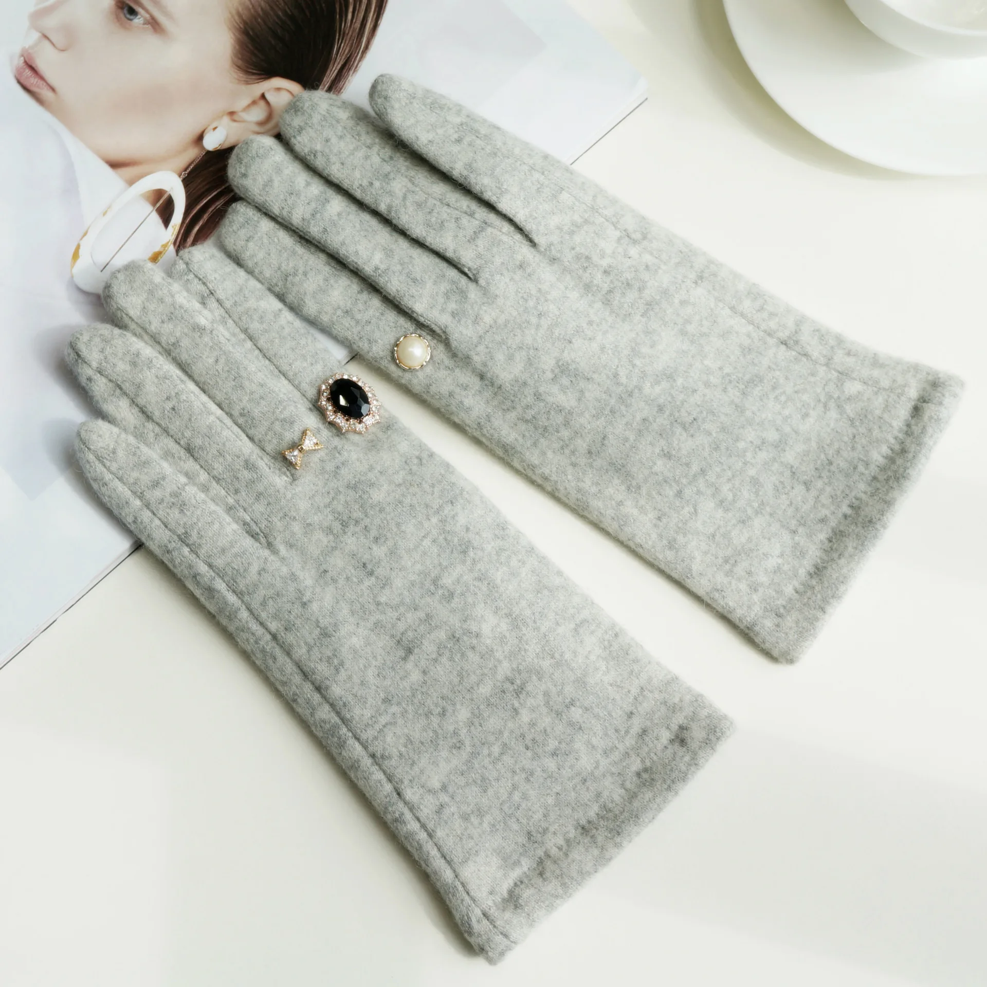 MSD011 Top Winter Accessories Gemstone Ring Wool Cashmere Gloves Warm