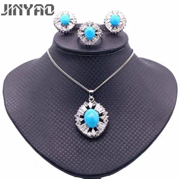 

JINYAO Fashion Round Blue Stone AAA Zircon Gold Color Pendant Necklace Earrings Ring Set For Women Wedding Party indian Jewelry
