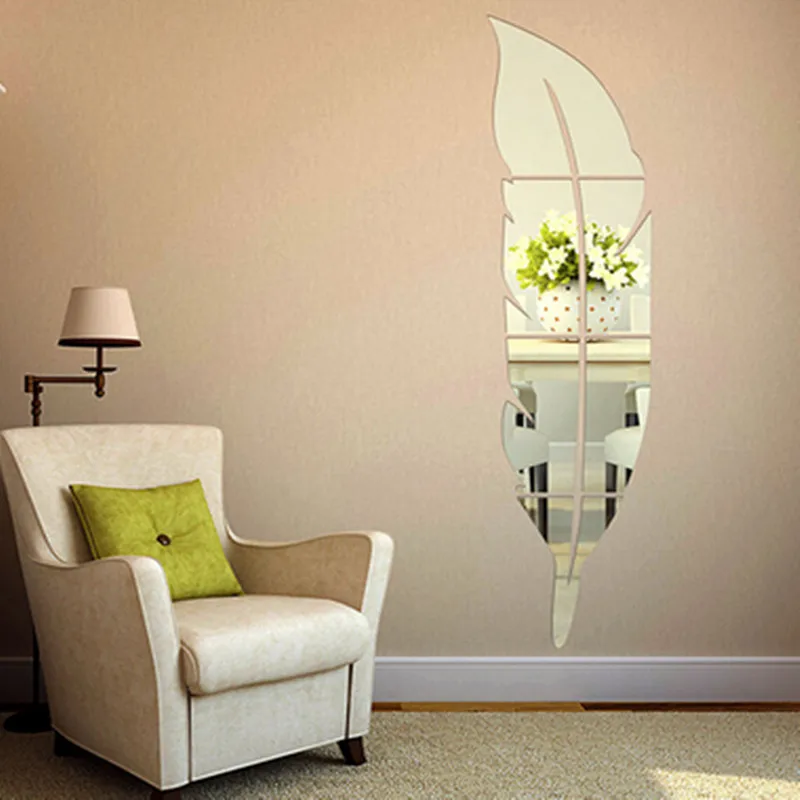 Us 3 05 10 Off Diy 3d Feather Mirror Wall Stickers Acrylic Wall Sticker For Home Decoration Silver Gold Bedroom Wall Sticker 73 18cm In Wall