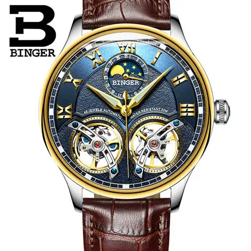 Двойной Tourbillon, швейцарские мужские часы, BINGER, оригинальные автоматические часы, мужские Модные механические наручные часы, кожаные часы - Цвет: Gold blue B8606B bro