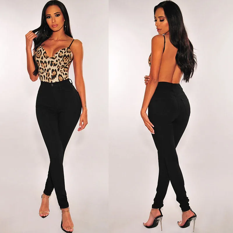 SEBOWEL Sleeveless Leopard Print Backless Woman Bodysuit Open Back Animal Prints Body Top Clothes Sexy Female Party Night Romper