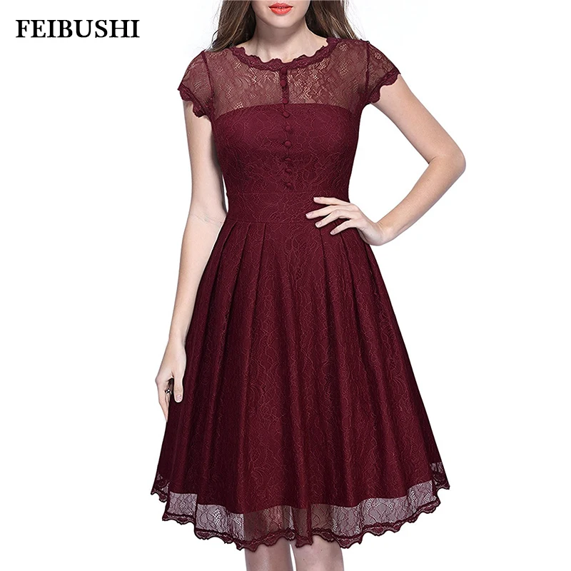 

FEIBUSHI Hot Sale Womens Summer Lace Dress 2017 Vintage Female Robe 50s Rockabilly Short Sleeve Swing Party Black Lace Dresses