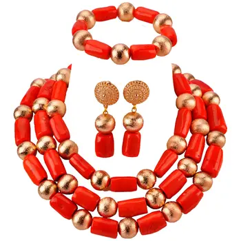 

Gorgeous Orange Coral Beaded African Jewelry Necklace Set Gold Necklace Earrings Set for Brides RCBS18