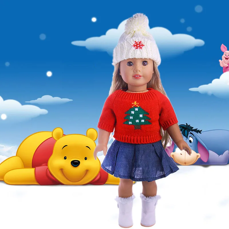 Рождественская елка логотип вязаный свитер + шляпа + джинсовая юбка подходит для 18 дюймов американская кукла, дети лучший рождественский