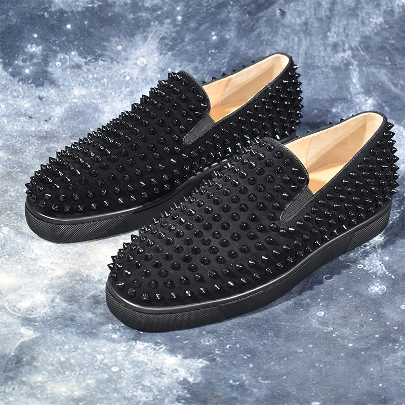 As Bout Hommes Mujer Mode Populaire Daim Slip Chaussures on Style Zapatos De Sneakers Rond Rivets Main Noir En Appartements Show BF1w85Uq