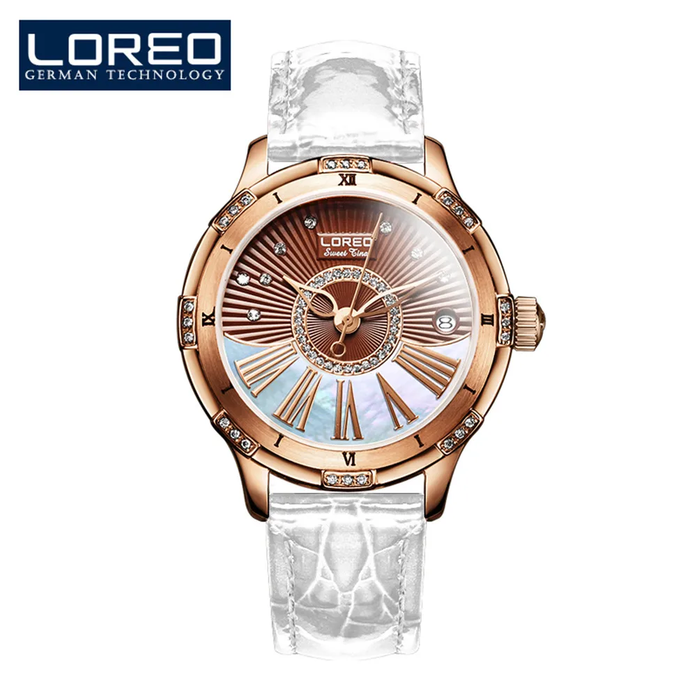 Rose gold White LOREO женские механические часы с бриллиантами, лучший бренд, роскошные кожаные Наручные часы, водонепроницаемые женские Автоматические часы Montre Femme - Цвет: Rose gold White
