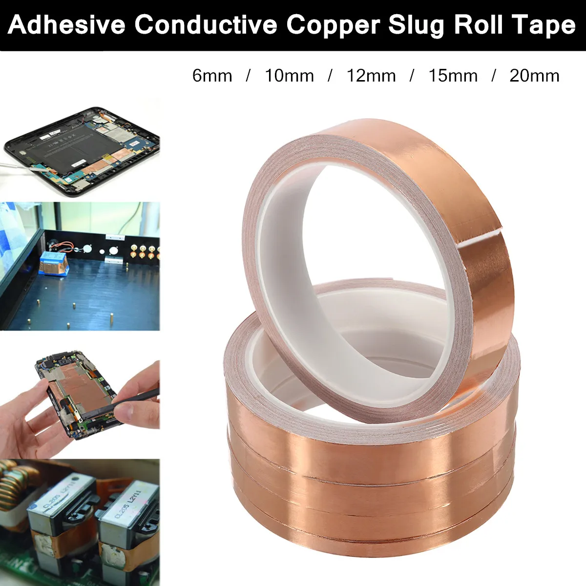 

10M Single-sided Adhesive Conductive Copper Foil Tape Guitar Pickup EMI Shield Eliminate EMI Anti-static Tape 6/10/12/15/20mm