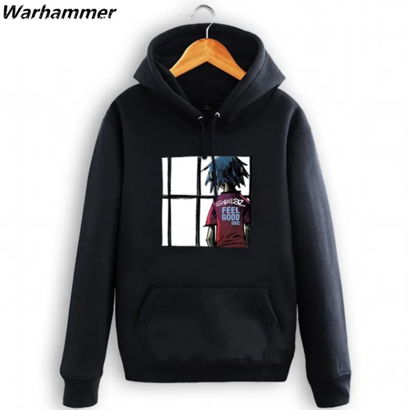 

GORILLAZ Mens Cotton Hoodies The Greatest Rock Band Boys Hip Hop Hooded Plus Pullover Jackets Fleece Thick Sweatshirts Black 2XL