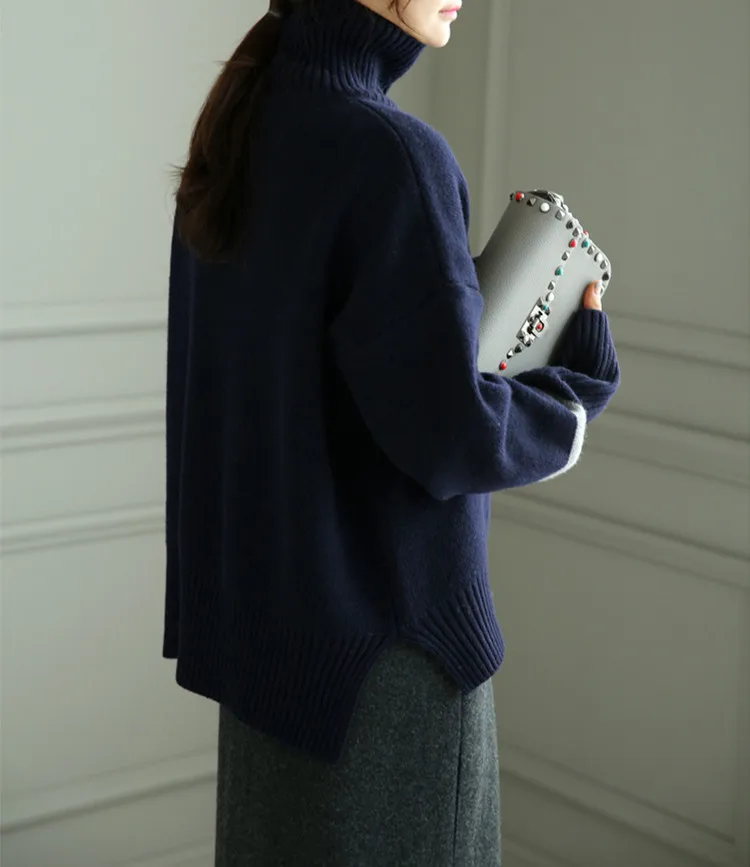Козий кашемир толстый вязаный женский модный однотонный Свободный пуловер с высоким воротником и открытым подолом свитер серый 2 цвета M-XL оптом и в розницу