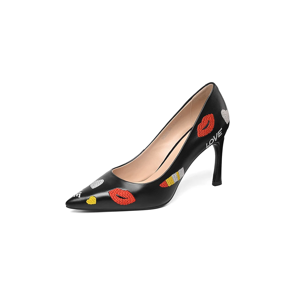 Pie Vestido Mujer Tacón black Dulce Beige Bomba Cuero Del Delgada Zapatos Puntiagudo La Bordar Camiseta De Tacones Genuino Leepo Negro Dedo Alto qwC1IxTnXP