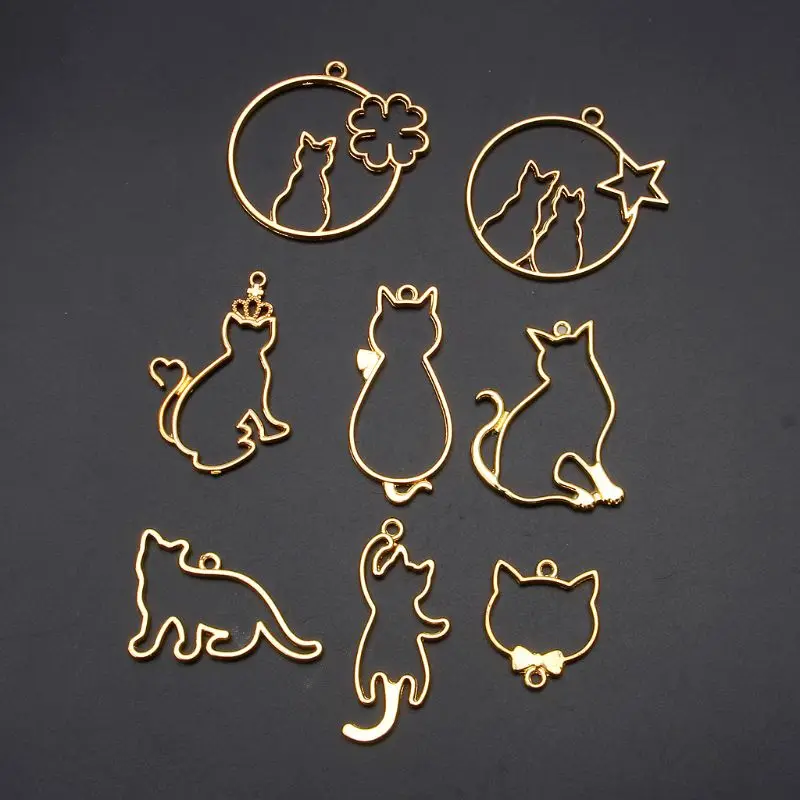 

9Pcs/Set Cute Cat Pendant Metal Frame Jewelry Making UV Resin Charms Bezel Setting