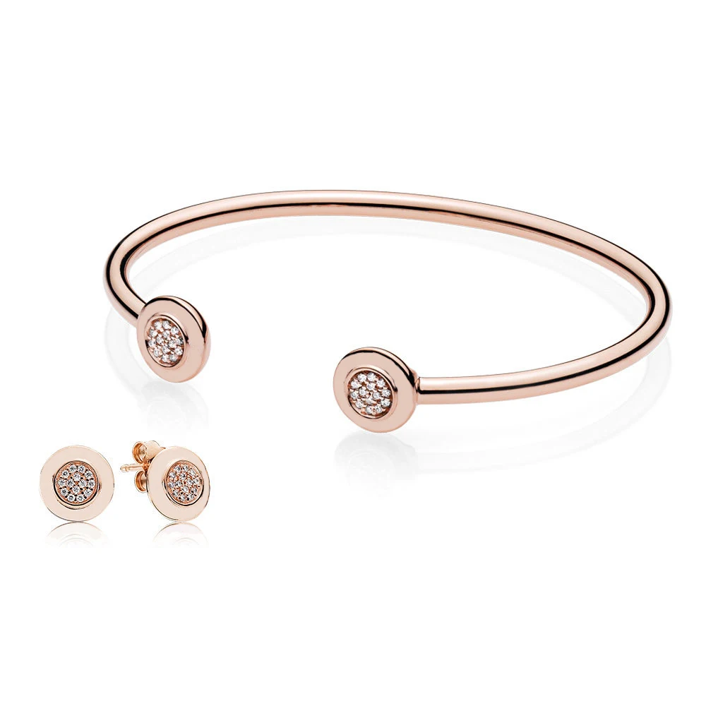 

100% 925 Sterling Silver Rose Signature Bangle and Earring Gift Set Fit DIY Original Charm Bracelets Jewelry A Set of Prices