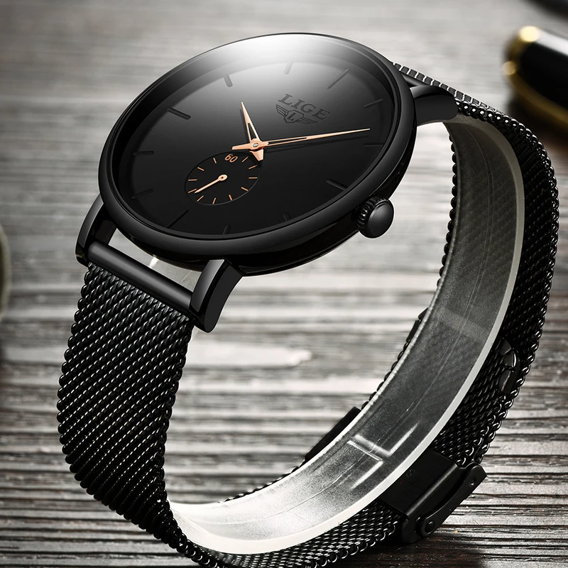 2019 LIGE New Mens Watches Top Brand Men's Sports Watch Men Waterrproof Analog Quartz Watch Male Ultra-thin mesh belt Clock+Box