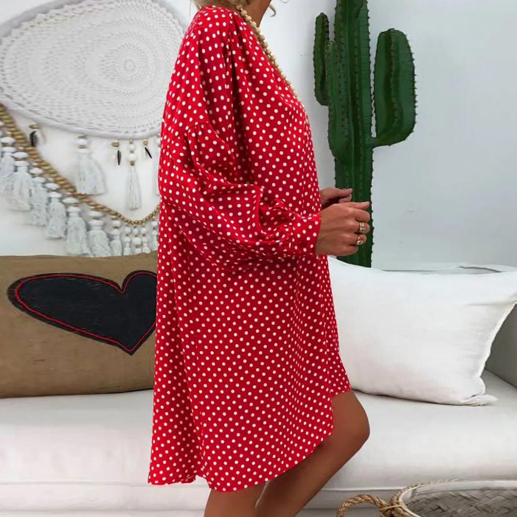 Women Size Loose Polka Dot Long Sleeve V-neck Mini Length Dress plus size dresses for women Dress sukienka robe party dress