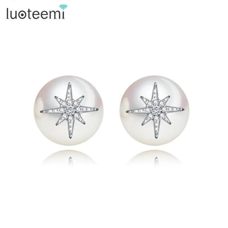 

LUOTEEMI New Elegant Simple Fashion Two Stars Caught a Imitation Pearl Stud Earrings CZ Brincos for Women Party Jewelry Gift