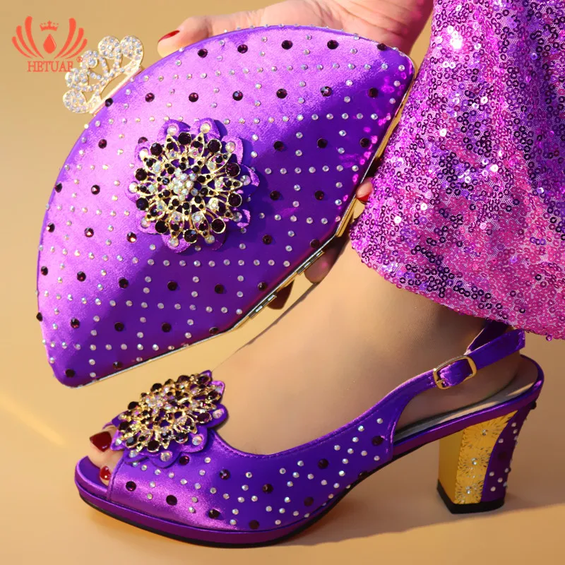 

Purple Color African Shoes and Matching Bags Italian Shoes and Bag Set Decorated with Rhinestone Nigerian Shoe for Wedding Party