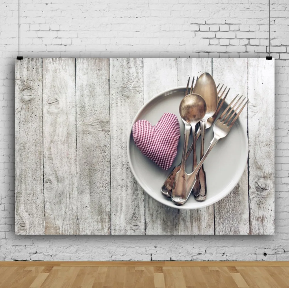 Laeacco Wooden Boards Wall Heart Plate Cutlery Baby Portrait Scene Photography Background Photographic Backdrop For Photo Studio