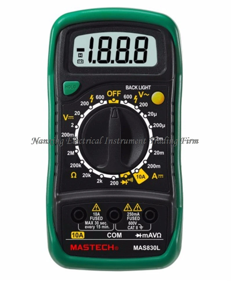 

MASTECH MAS830L Mini Handheld LCD Display Digital Multimeter DC Current Tester Backlight Data Hold Continuity Diode hFE Test
