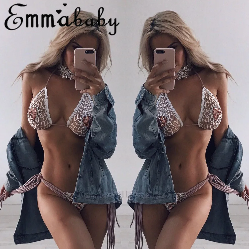 Sexy Women Crystal Bikini Set Bandage Crochet Knitted Swimwear Swimsuit Bathing