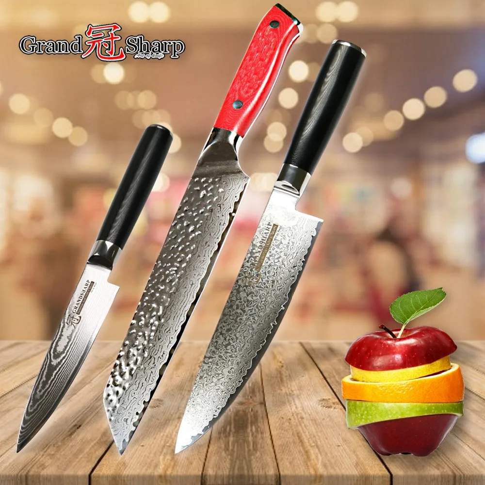 Damascus Knives Set 3 Pcs Japanese Gyuto Kiritsuke Utility Kitchen