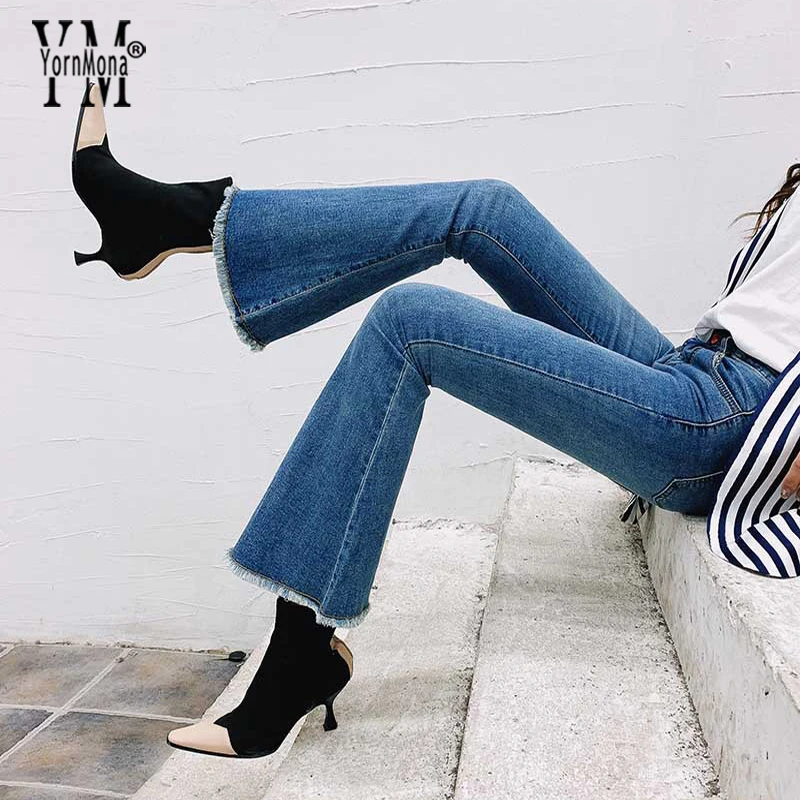 

YornMona Vintage Mid Waist Flare Jeans 2019 Ins Hot Tassel Blue Jeans Women Elegant Streetwear Plus Size Ladies Pants Softener