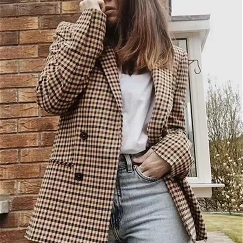 Fashion Double Breasted Office Ladies Blazer Notched Long Sleeve Loose Plaid Blazer 2018 Autumn Jacket Women Blazers Fashion Double Breasted Office Ladies Blazer Notched Long Sleeve Loose Plaid Blazer 2018 Autumn Jacket Women Blazers