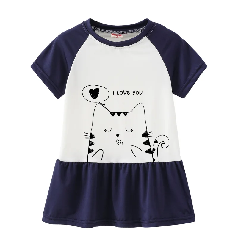 Summer Casual Cat Cartoon Printed Baby Princess Girls Short-Sleeved Dress Navy Patchwork Girls Clothes For 2-7 Years Old Summer Casual Cat Cartoon Printed Baby Princess Girls Short-Sleeved Dress Navy Patchwork Girls Clothes For 2-7 Years Old